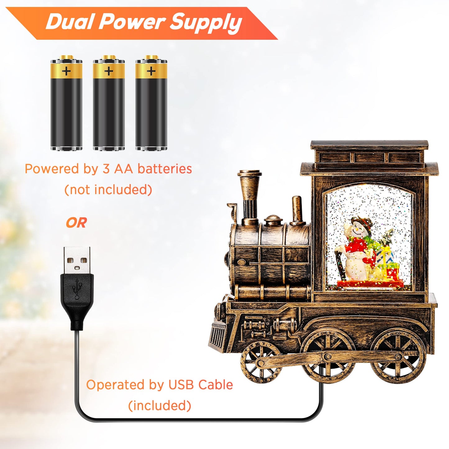 IPOW Christmas Snow Globe Lantern Train with Santa Sleigh Projection, Water Swirling Glitter Musical and Lighted USB Powered & Battery Operated Music Box for Christmas Home Decoration Gift