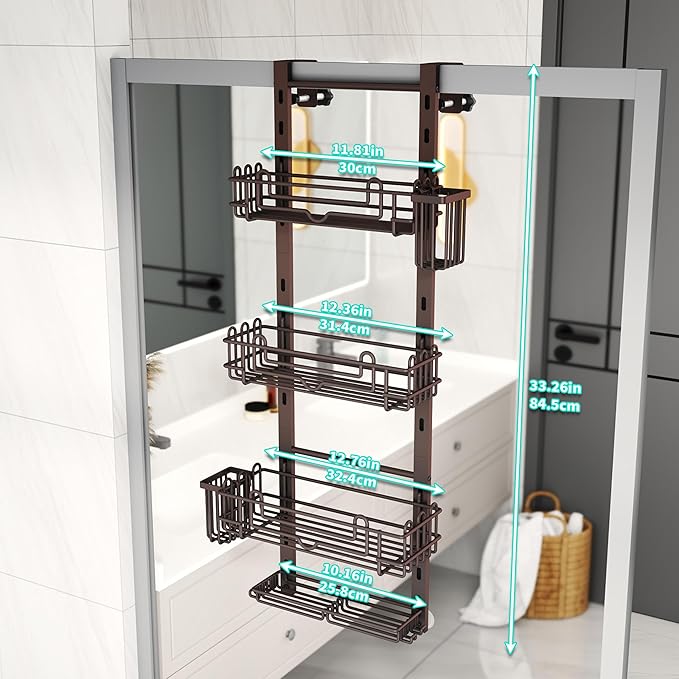 HapiRm 4 Tier Over the Door Shower Caddy, Hanging Shower Caddy with 22 Hooks and 2 Toothbrush Holders, No Drilling Adjustable Hanging Bathroom Organizer - Bronze