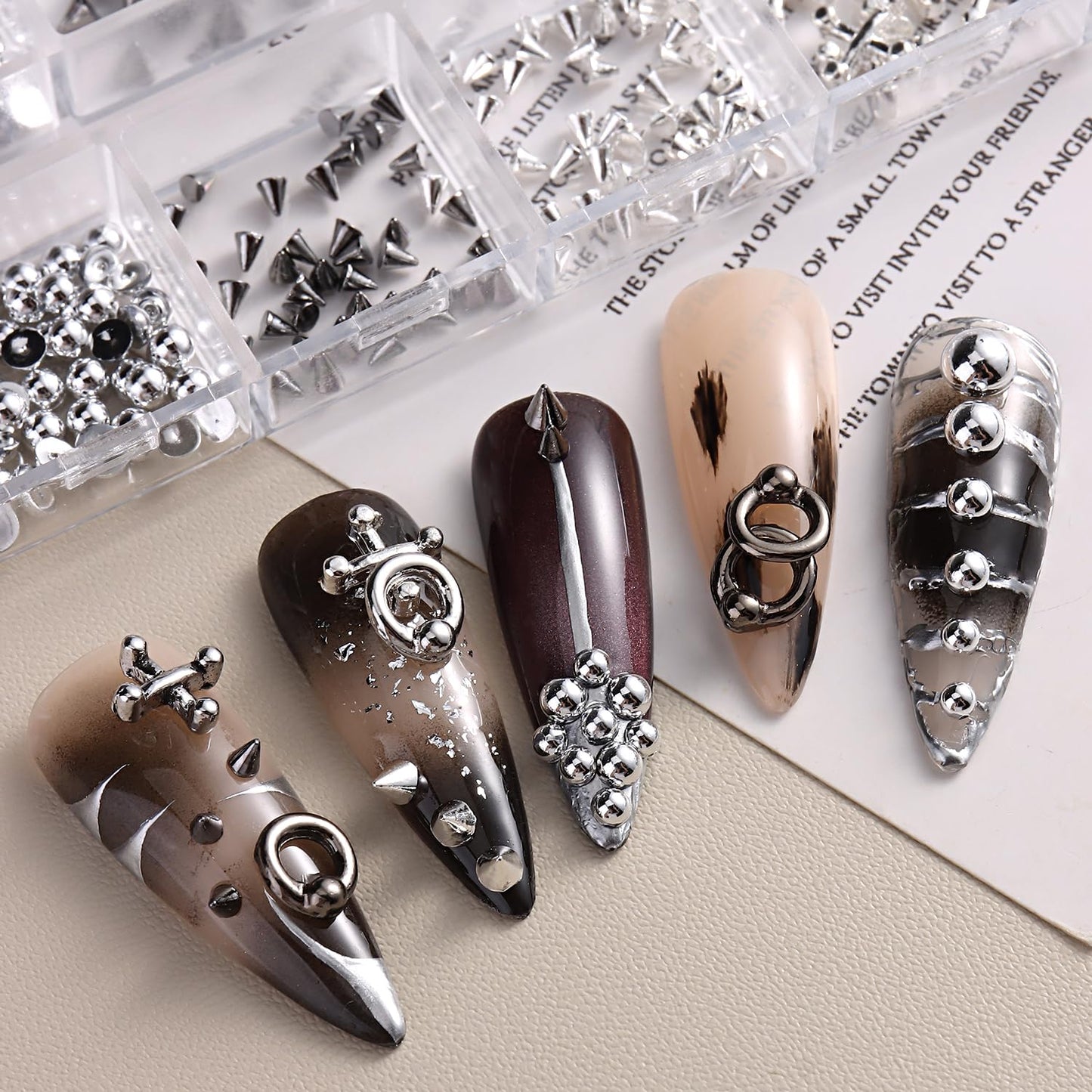Furtherpretty Goth Nail Charms, 3D Triangle & Spike Gothic Punk Nail Charms, Black Rivet Studs Beads, Silver Alloy Piercing Grunge Y2K Nail Art Decorations, Manicure Accessories for DIY Salon Nails
