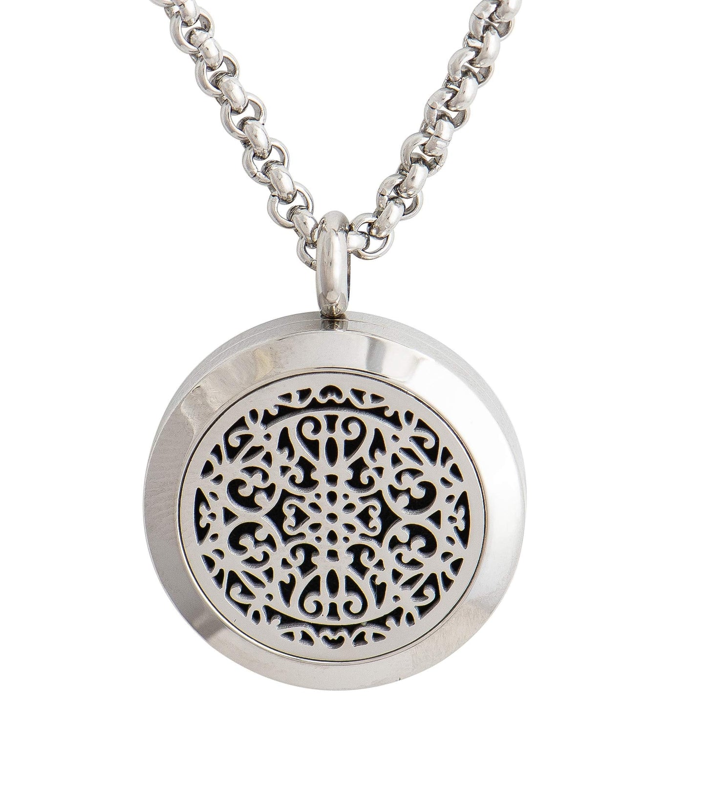Wild Essentials Wrought Iron Essential Oil Diffuser Necklace, Stainless Steel Locket Pendant with 24 inch Chain, 12 Color Refill Pads, Customizable Color Changing Perfume Jewelry for Aromatherapy