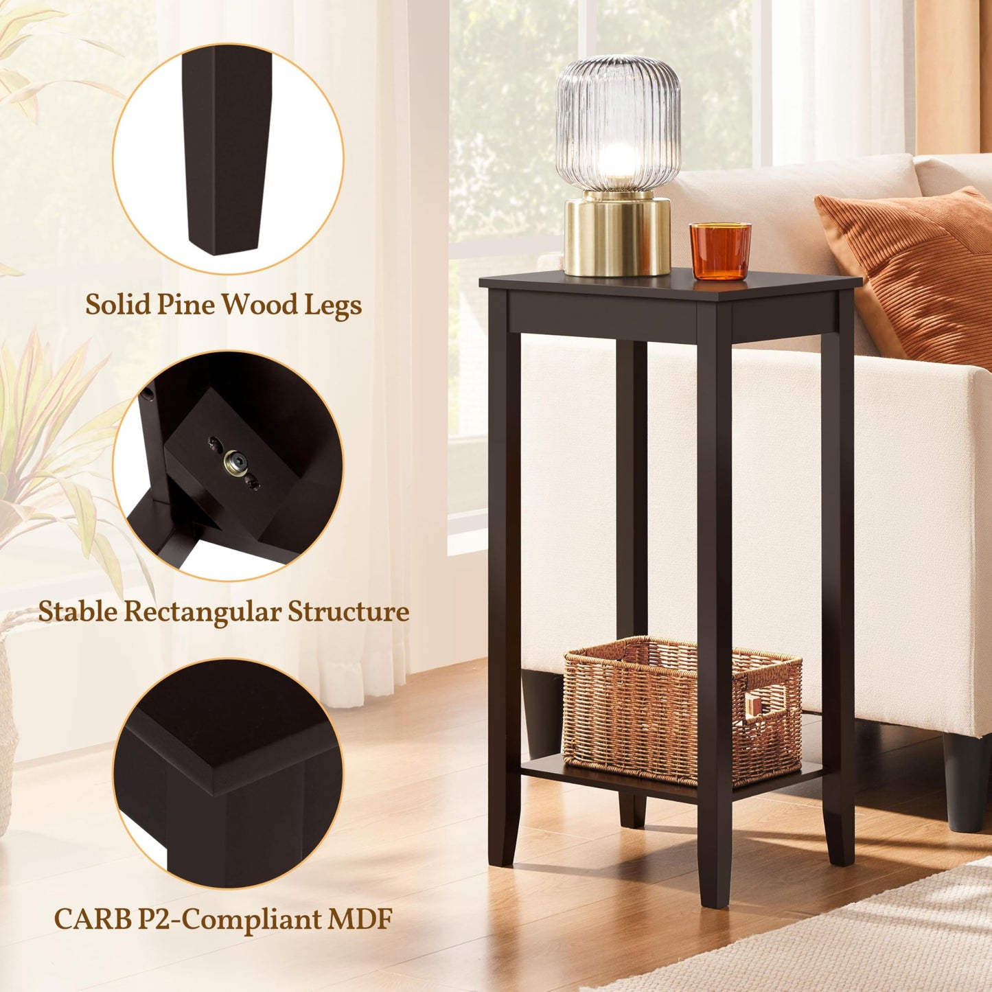 Yaheetech End Table Sofa Side Table with Open Shelf and Solid Wood Legs, Plant/Telephone Stand for Living Room, Couch, Office, Small Spaces, L15xW12xH29 Inch, Dark Coffee
