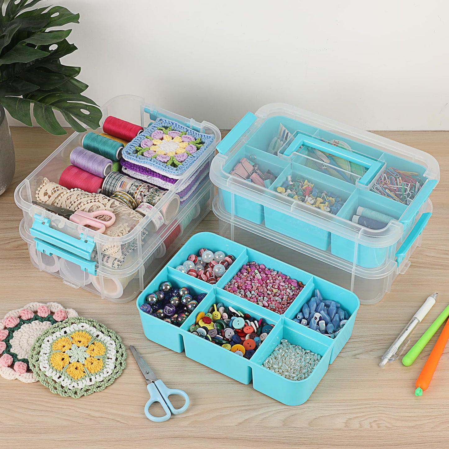 JUXYES 4-Tiers Stack Carry Storage Box With 2 Divided Tray, Transparent Stackable Storage Bin With Handle Lid Latching Storage Container for School & Office Supplies, Blue