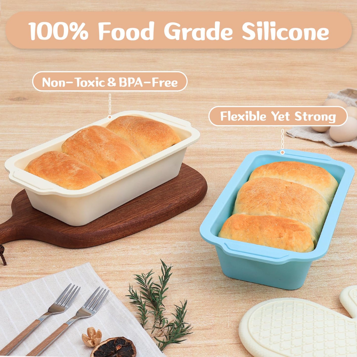 Toeusog Nonstick Silicone Bread Loaf Pan: 9.5 x 5 Inch Bread Pan for Homemade Rye with Metal Frame - Loaf Mold for Baking Oven - Housewife Baker Home Baking Enthusiasts (Beige & Mint Green)