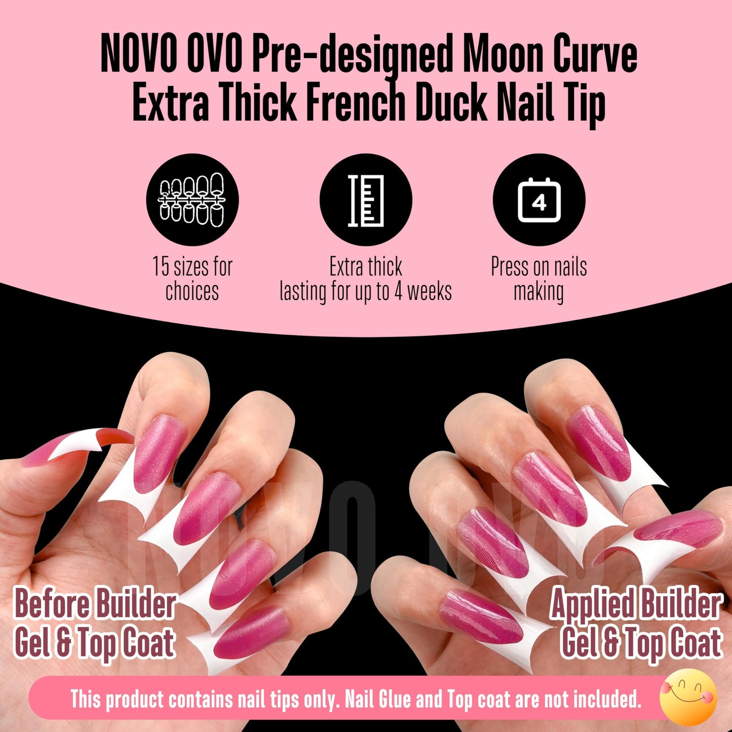 NOVO OVO Halloween Duck Nail White French Tips Press On ROSE PINK with Glitter, Full Cover Acrylic with Moon Curve, Medium Thick Pre-Etched Flare Wide Soft Gel False Nail Extension x 15 Sizes 150 pcs
