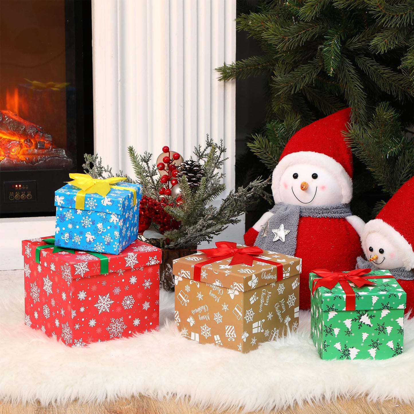 TaoBary 4 Pcs Christmas Nesting Gift Boxes Hard Xmas Stackable Candy Decorative Boxes with Lids for New Year, Holiday, Birthday Party Gift Decor Supplies