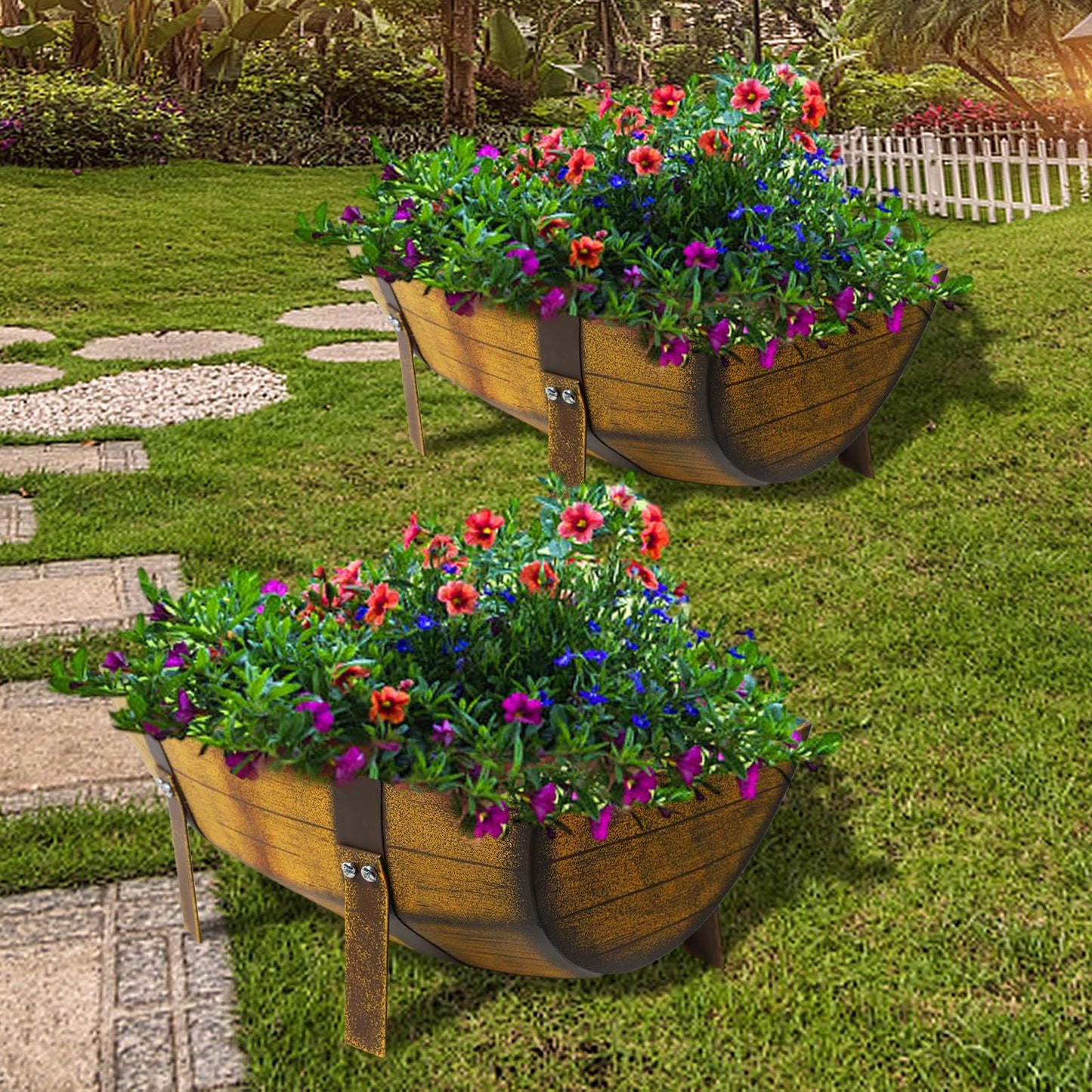Aoutrow 15.43In 2 Pack Rustic Barrel Planters, Decorative Outdoor Garden Backyard Planter with Legs, Metal Flower Pot Half Barrel Planter Box, Brown