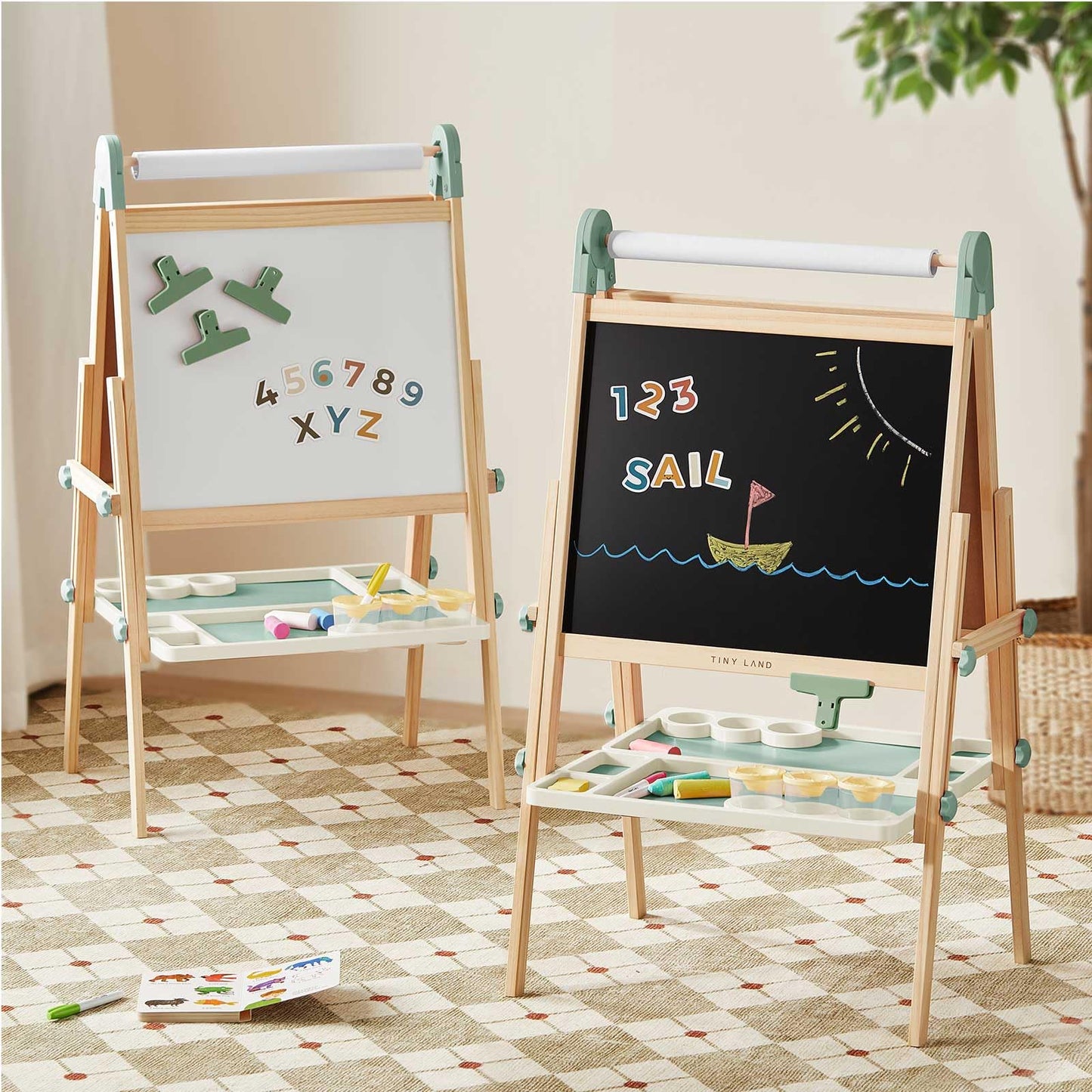 Tiny Land Easel for Kids, Double-Sided Magnetic Easel with Drawing Accessories, Adjustable Wooden Kids Art Easel with Paper Roll, Learning-Toy for 3,4,5,6,7,8 Years Old Boy & Girls Green