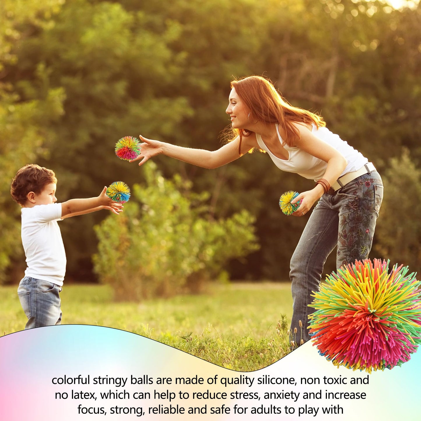Cagemoga 18 Pack 2.36 Inch Stringy Balls Soft Rainbow Stringy Balls Silicone Silk Ball Active Fun Toy for Kids Birthday Christmas Easter Party Favors Classroom Rewards Gift Bag Fillers