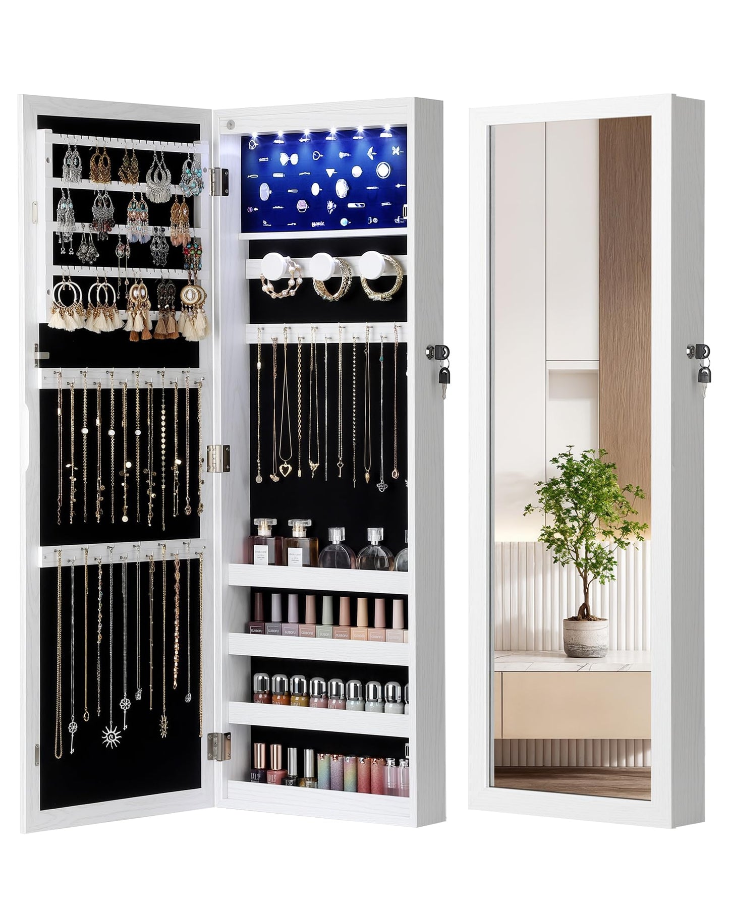 Nicetree 6 LEDs Mirror Jewelry Cabinet, Large Capacity Lockable Jewelry Armoire Organizer, Door or Wall Mounted Mirror with Jewelry Storage, Gift Idea, White