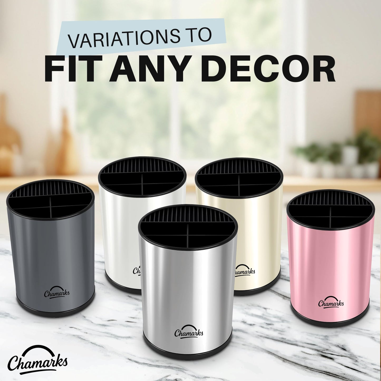 CHAMARKS 3-in-1 Kitchen Utensil Holder for Countertop with Knife Block and Silverware Caddy. (Silver)