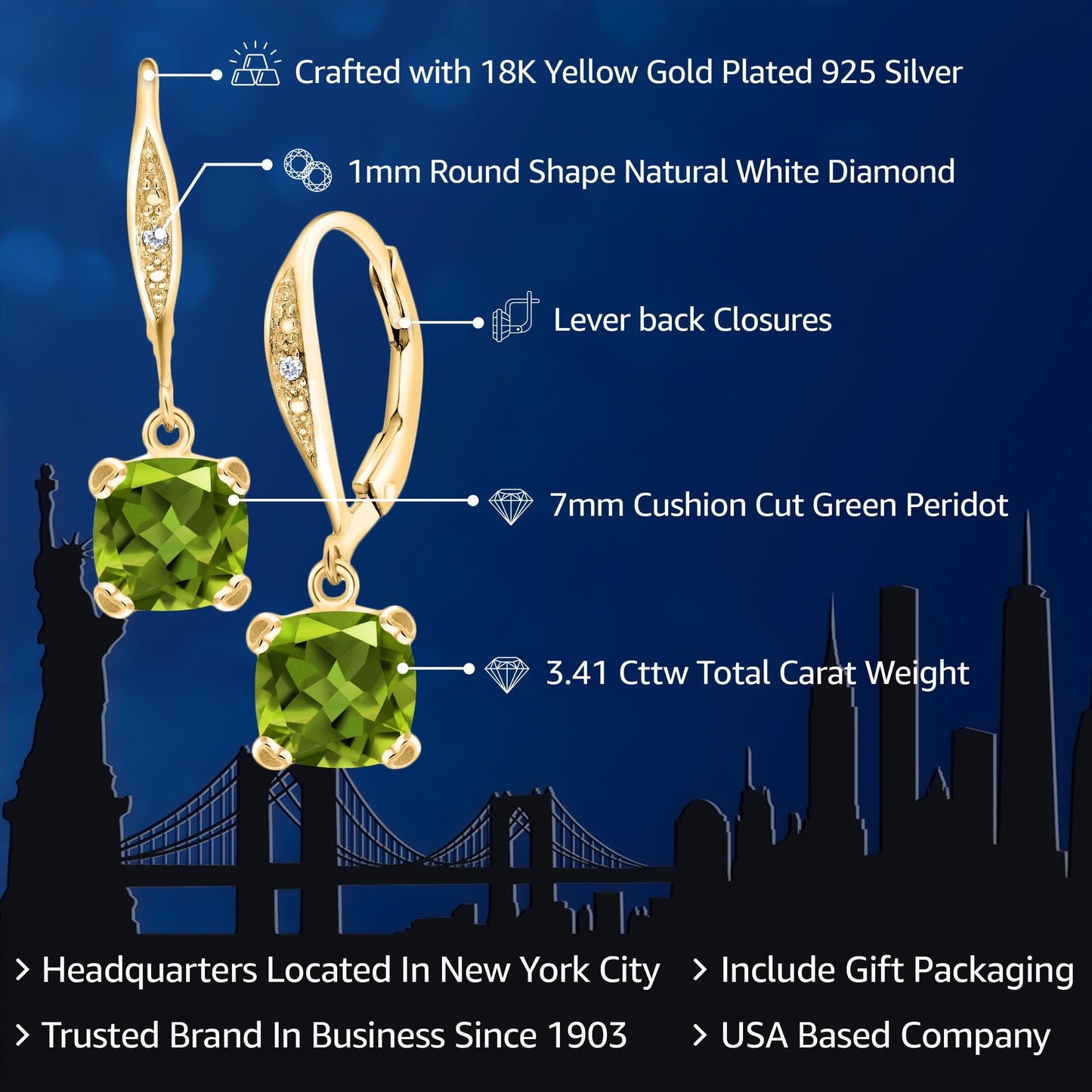 Gem Stone King Drop Dangle Earrings For Women | 7MM Cushion Cut Gemstone Birthstone and Diamond | 925 Sterling Silver | Jewelry Gift for Mom Wife Her | Peridot-August | Yellow Gold