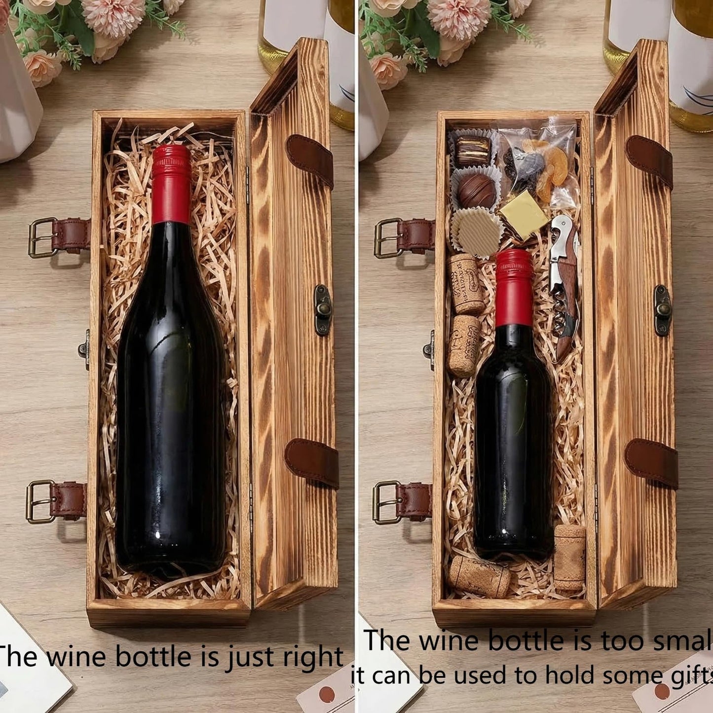 Briwooody 1 Pack Vintage Wooden Wine Gift Box - Rustic Wine Bottle Gift Case Single Bottle Holder with Leather Buckle Straps and Locking Latch for Birthday, Wedding, Anniversary, Housewarming