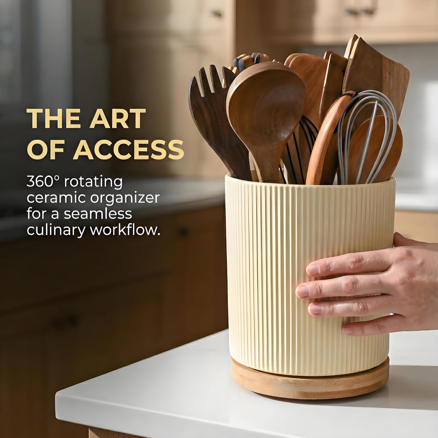 QUELIEN Utensil Holder, 360° Rotating Ceramic Kitchen Utensil Holder for Countertop, 7.7" Utensil Crock for Kitchen Counter with Rotatable Wooden Base,Ideal Housewarming Gift & Mothers Day Gift