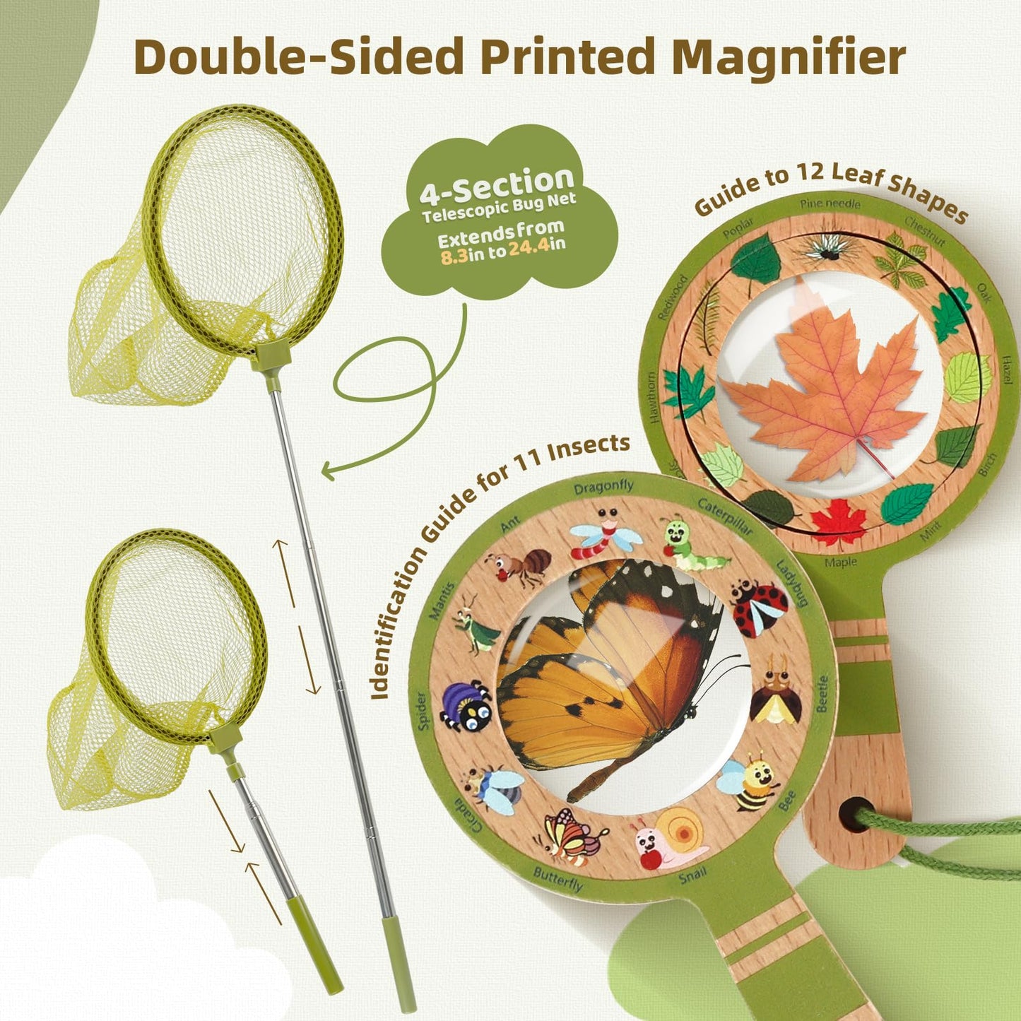 Wooden Bug Catcher Kit for Kids, Outdoor Explorer Toy Set with Butterfly Net, Magnifying Glass, Bug Container &Other Adventure Kit for Backyard Bugs Hunting and Camping Gifts for Boys Girls Age 3-12