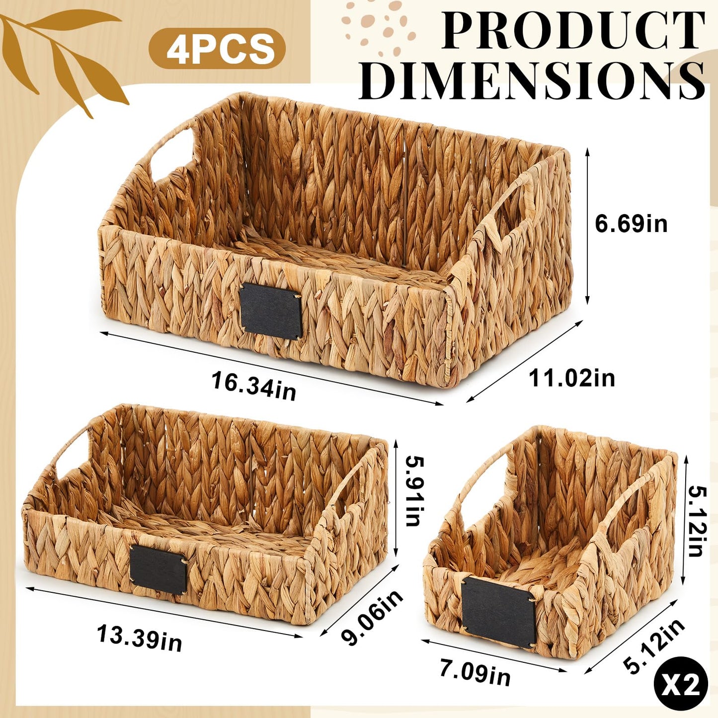Wonderjune 4 Pcs Water Hyacinth Storage Basket Set Boho Wicker Rattan Pantry Basket with Chalkboard Label Handles Woven Container Kitchen Laundry Large Small for Shelves Food Home Bathroom Decor