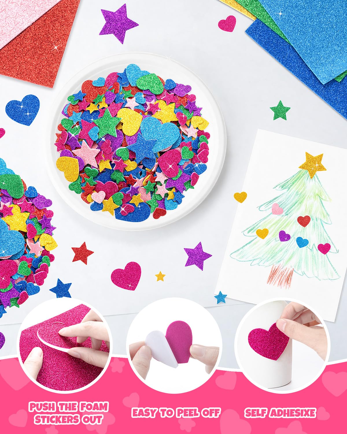 1024PCS Glitter Foam Stickers for Kids - Self-Adhesive Heart & Star Shapes, Sparkle Craft Stickers for DIY Greeting Cards, Scrapbooking, Home Decor, Envelopes & Children's Art Projects