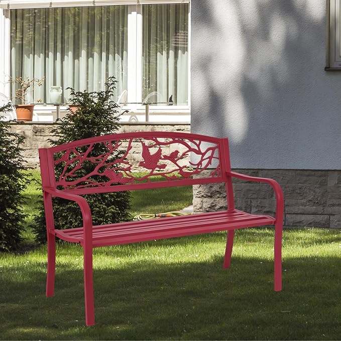 Giantex 50”Outdoor Bench with Cast Iron Backrest & Ergonomic Armrest,600 lbs Steel Metal Frame, Garden Bench for Park Front Porch Patio Lawn Backyard Balcony Path Entryway Deck, Red Bird Pattern