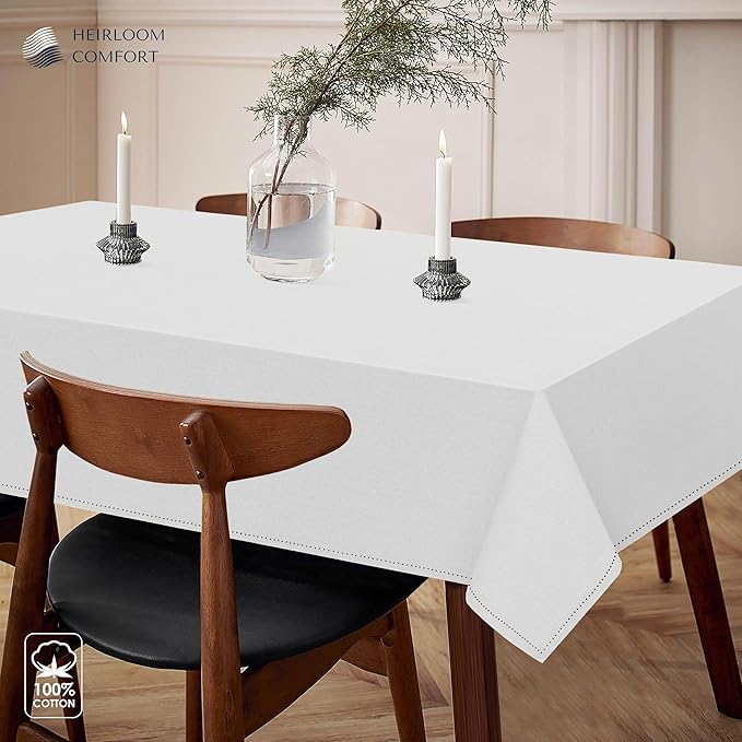 White Tabletop Tablecloth, 60x102 Inch, 100% Cotton, Fits 8-10 Seats, Washable, Soft, Durable, Wrinkle Resistant, Rectangle Table Cover for Dining, Weddings, Holiday Celebrations