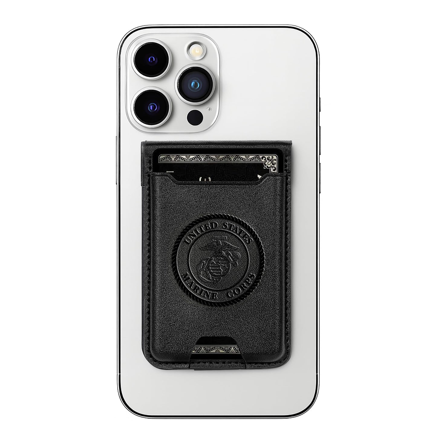 USMC Wallet with Kickstand for MagSafe – Black Leather Slim Card Holder with Embossed United States Marine Corps Logo | Marine Corps Gift – Compatible with iPhone USMC Wallet