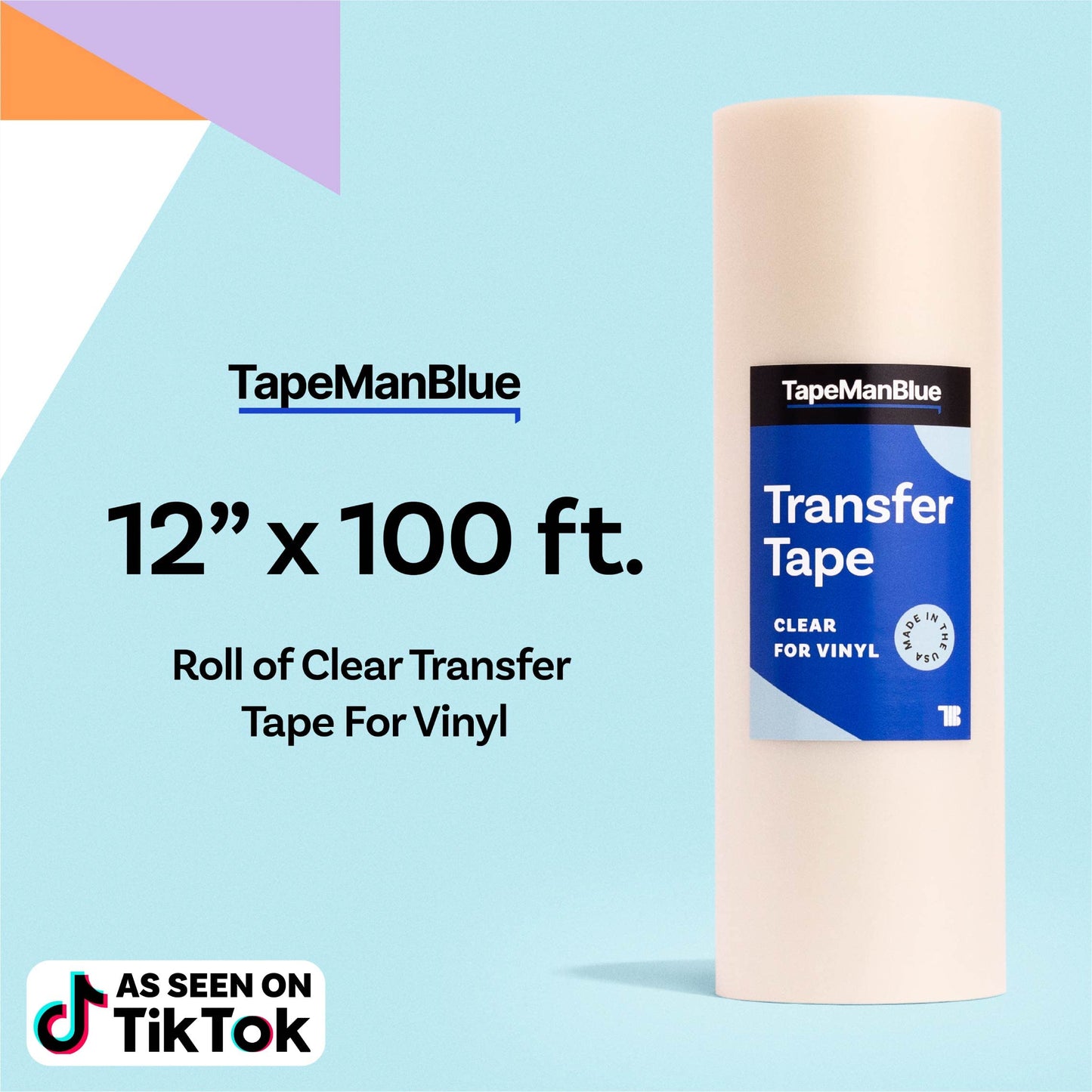 TapeManBlue Clear Transfer Tape for Vinyl - 12" x 100' Roll, Made in USA, Premium Vinyl Transfer Tape with Medium to High Tack Adhesive for Crafts, Decals & Letters