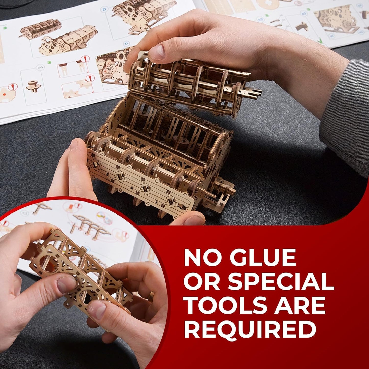 UGEARS V8 Engine Model Kit - 3D Wooden Puzzles for Adults, 3D Puzzle Model Engine Kit, DIY Kits Gifts for Engineers for Christmas, Wooden Model Kits for Adults to Build, Brain Teaser Hobby Set