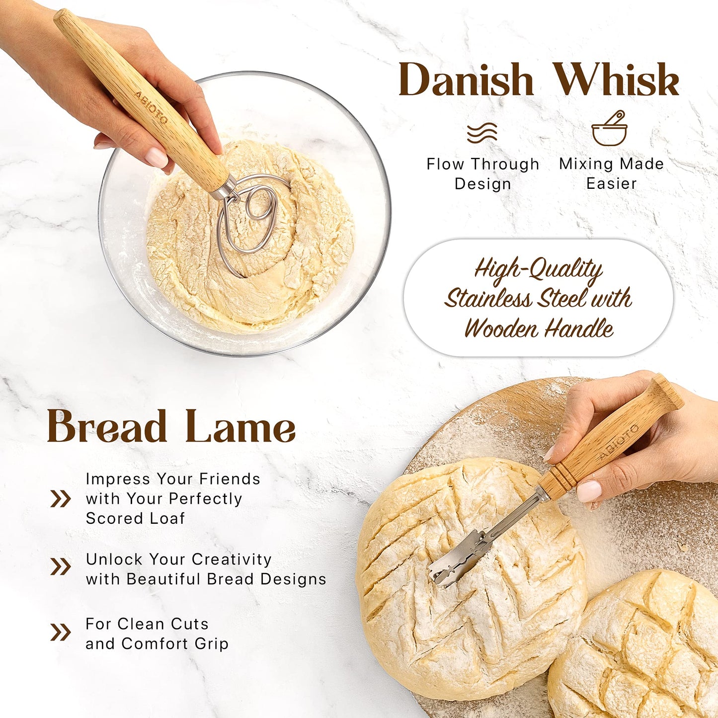 ABIOTO Sourdough Bread Baking Supplies and Bread Proofing Baskets - 9" Round & 10" Oval Indonesian Rattan Baskets, Liners, Danish Whisk, Bread Lame & Scrapers - 14 Piece Bread Making Kit for Beginners