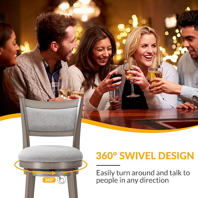 PrimeZone Swivel Bar Stools Set of 6, 30 Inch Bar Height Barstools, High Back Bar Stool with Solid Wood Legs & Wrap-Around Footrest, Counter Stools for Kitchen Island, Pub, Grey