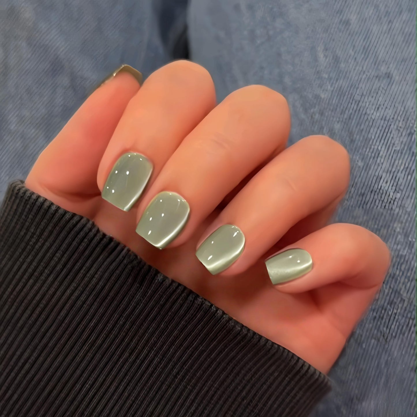 KQueenest Cat Eye Press on Nails Short, 30 Pcs Acrylic Press on Nails Square, Glass Pastel Matcha Green Fake Nails Press on Short, Sparkly Chrome Design, Reusable Soft Gel Glue on Nails for Women Gift