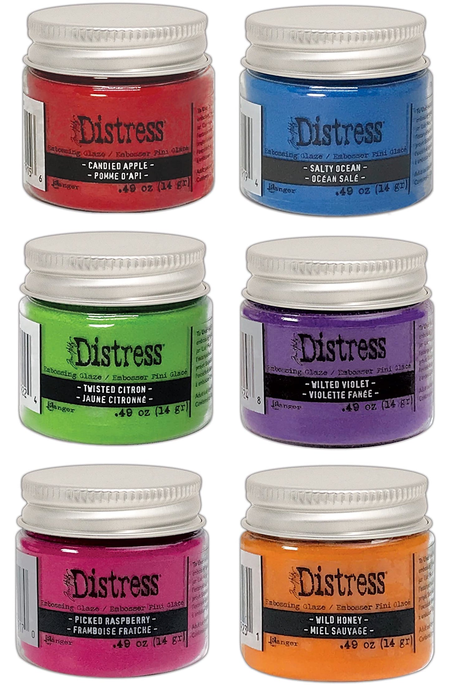 Tim Holtz Distress Embossing Glaze Bundle 6 Bright Colors, Candied Apple, Picked Raspberry, Salty Ocean, Twisted Citron, Wild Honey, Wilted Violet Plus Pack of 3 Carnora Scoop Spoons, 7 Item Bundle