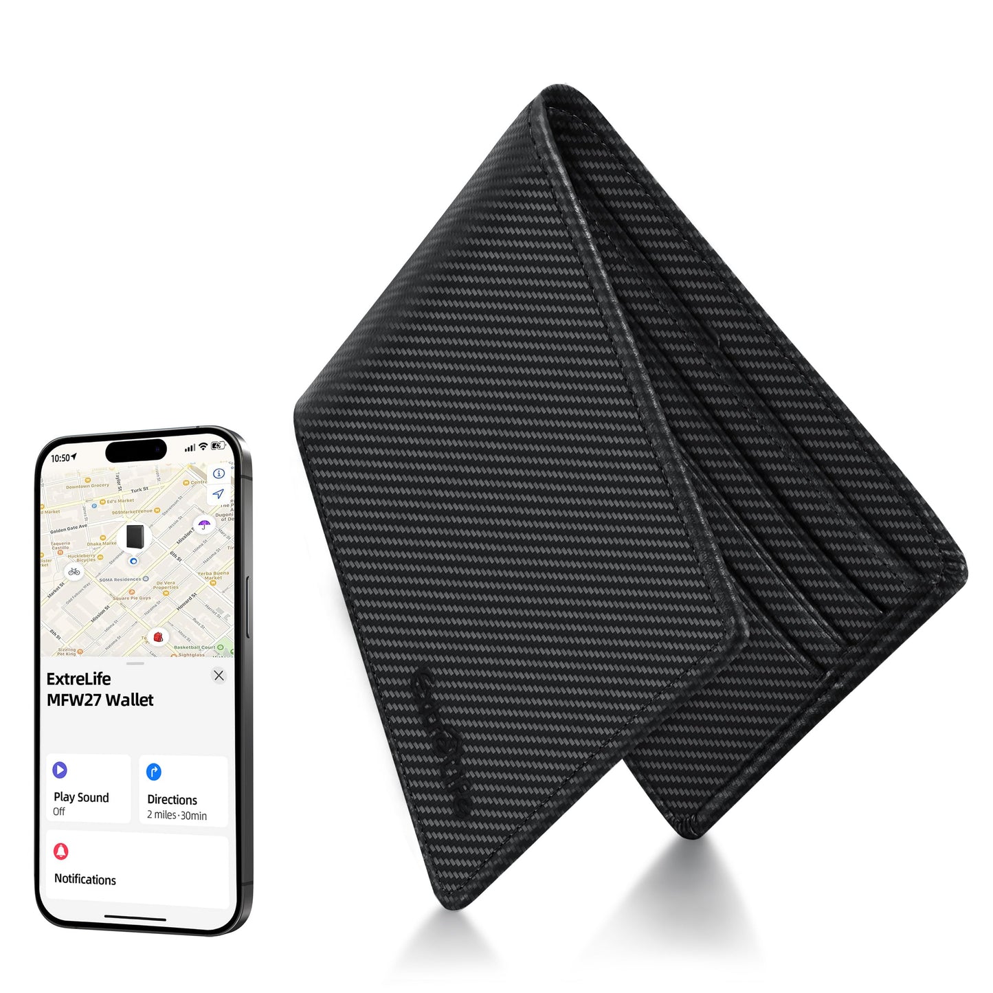 Wallet for Men, Built-in Bluetooth Tracker with Apple Find My (iOS Only), RFID Blocking Bifold Mens Air Tag Wallet with GPS Tracker, Rechargeable Wallets Finder, Gift for Him, Carbon Black