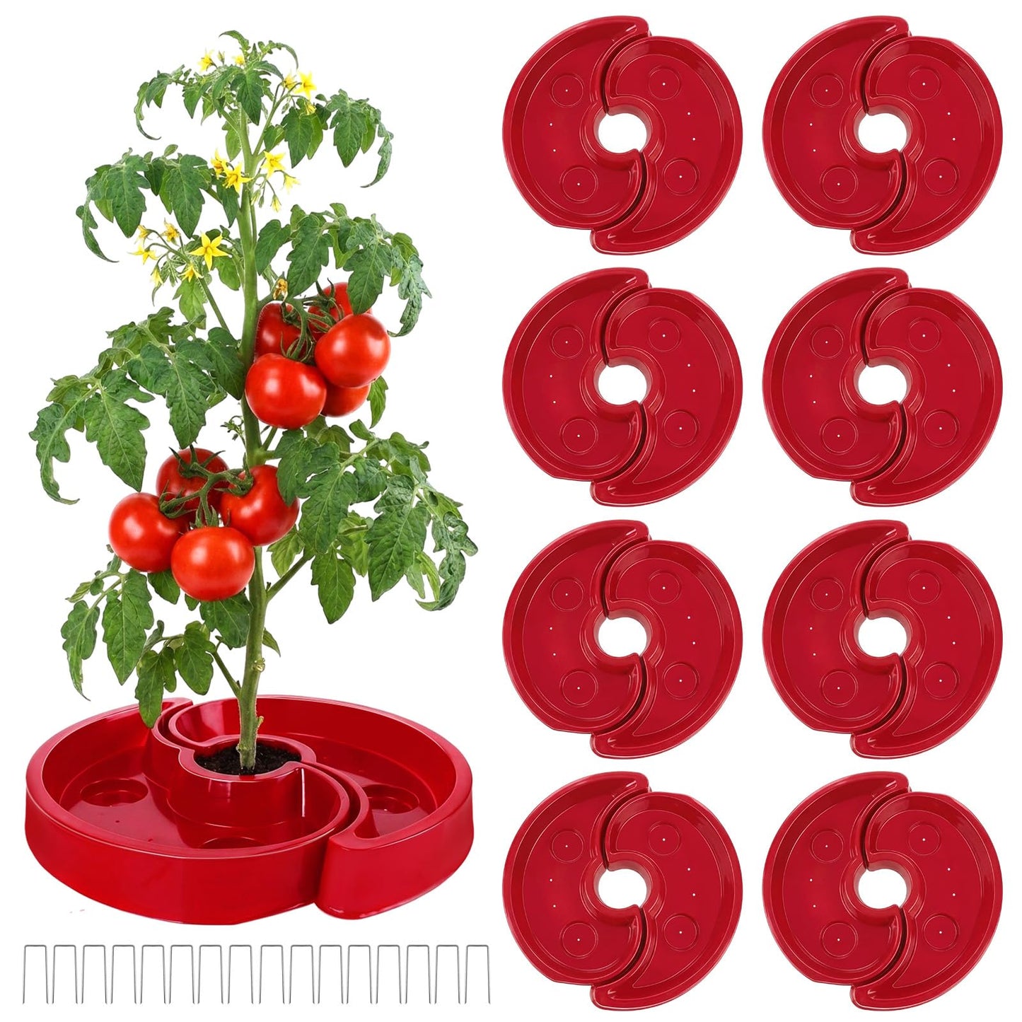 8 Sets Tomato Watering Trays, Surrounding Red Tomato Automator Tray, Root Irrigation Trays for Vegetables, Reduce Runoff, Weed Control, Boost Growth for Tomatoes, Peppers & Garden Veggies