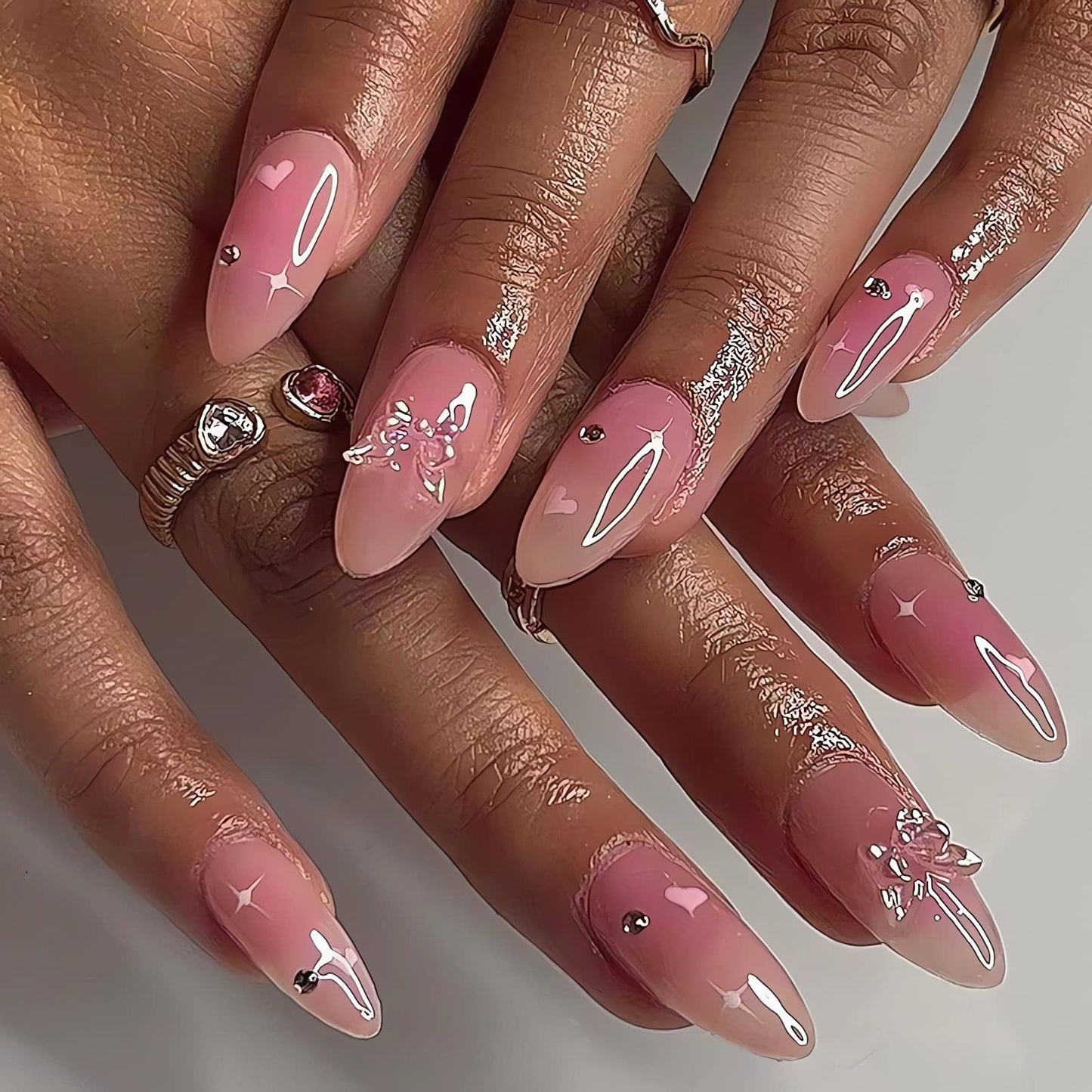 IMSOHOT Almond Press on Nails Pink Medium Fake Nails Stiletto Butterfly Rhinestone False Nails with Designs Glossy Full Cover Acrylic Glue on Nails for Women 24pcs