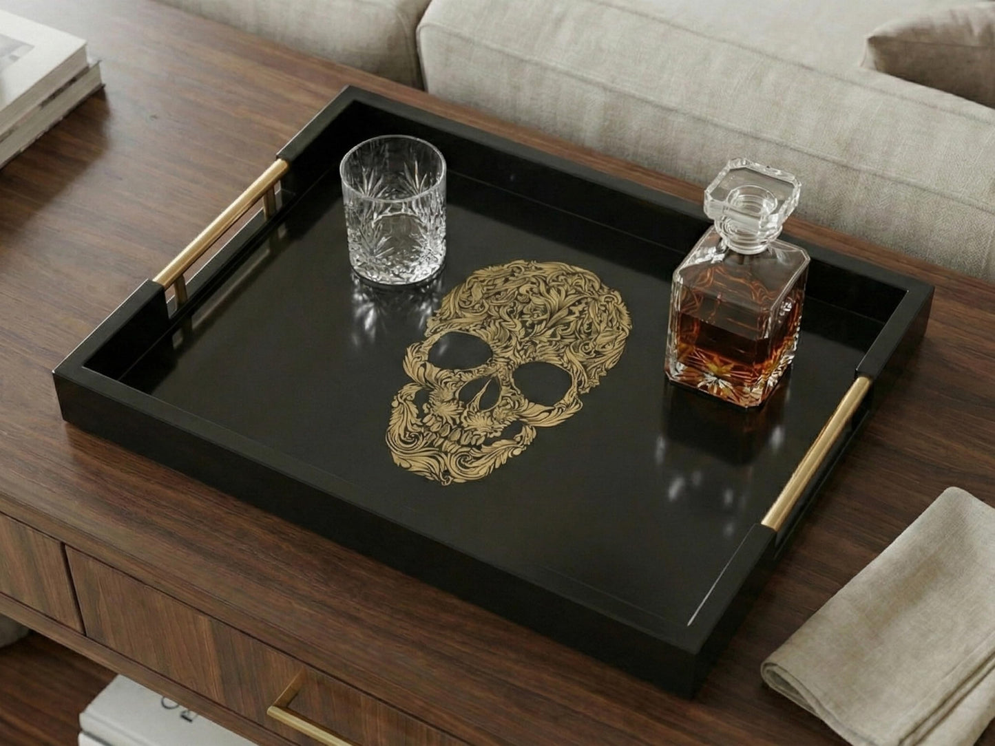 Gothic Skull Serving Tray with Gold Handles – Black Gloss Wooden Ottoman Tray for Coffee Table, Bar, or Kitchen – Elegant Gothic Decor & Unique Gift for Halloween, Horror & Alternative Style Lovers