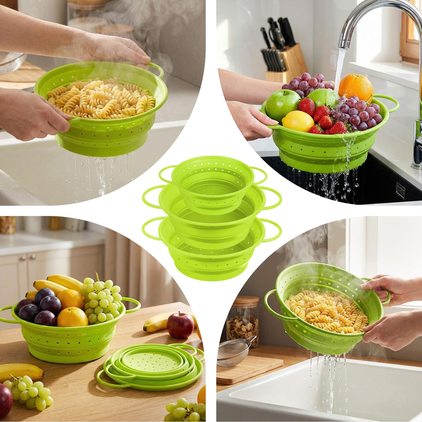 Afarnook 3 Pack Collapsible Colander with Strainer Bowl Set, 11 & 13 In BPA-Free Silicone Colanders for Kitchen, Heat-Resistant Strainer Dishwasher Safe Baskets for Vegetable Fruits (Green)