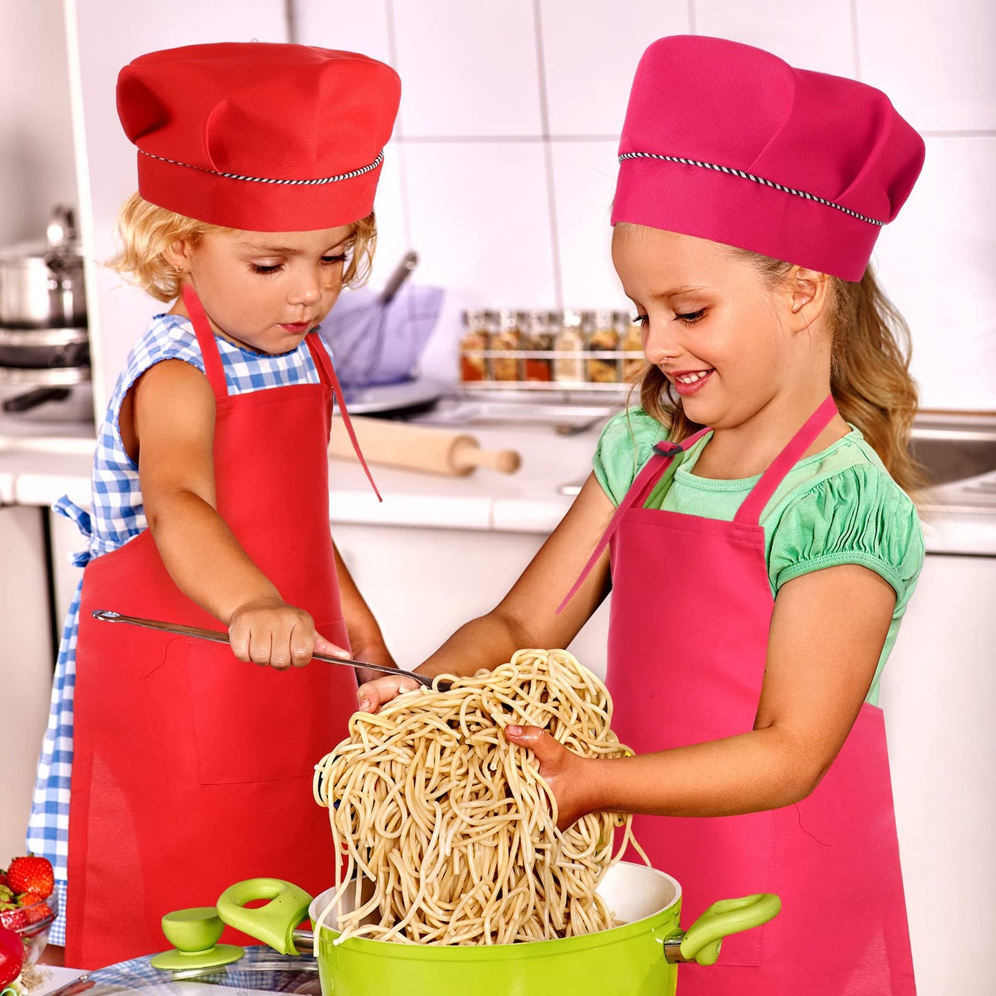 Handepo 28 Pcs Kid Apron and Chef Hat Set Adjustable Bib Apron with Pockets for Kids Cooking Baking Painting Crafting(Multicolor)