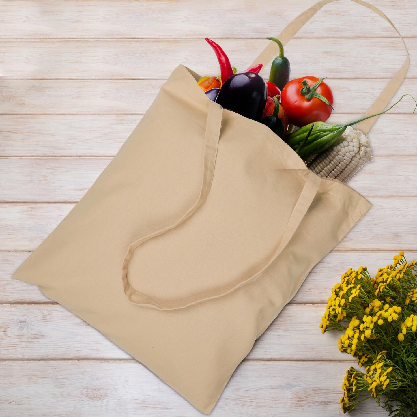 Urban Villa 12 Pack Reusable Grocery Bags 15’’x16’’ with 27’’ long Handle Beige Color 100% Cotton Tote Bags Medium Weight Grocery Shopping Cloth Bags Great Choice for Promotion Gift DIY Advertising