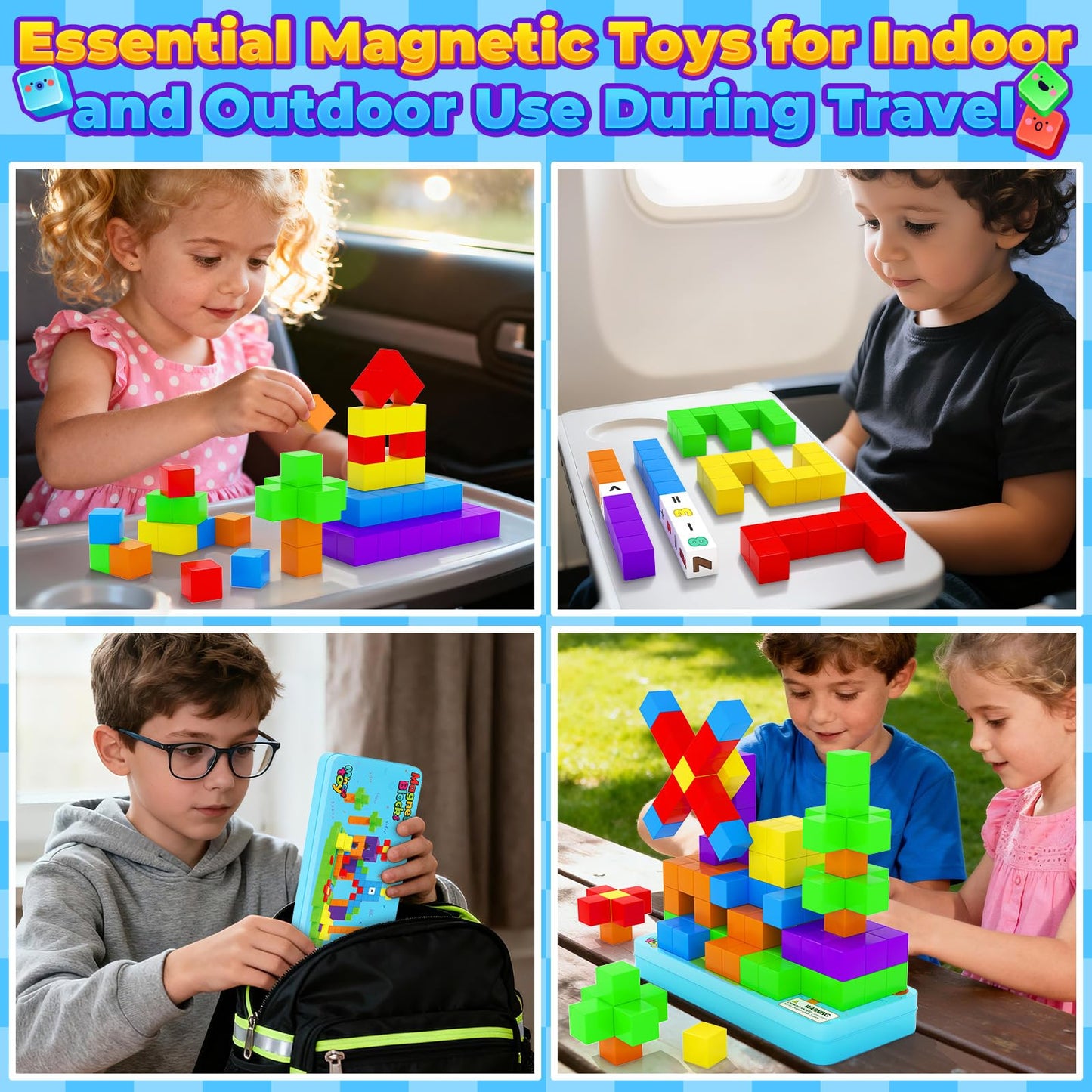 Minecftoy Magnetic Blocks Mini Travel Essentials Toddler Toys with Case Set, Kids Magnet Building Blocks Sensory Montessori Autism Toys for 3+ Boys & Girls Birthday Gifts