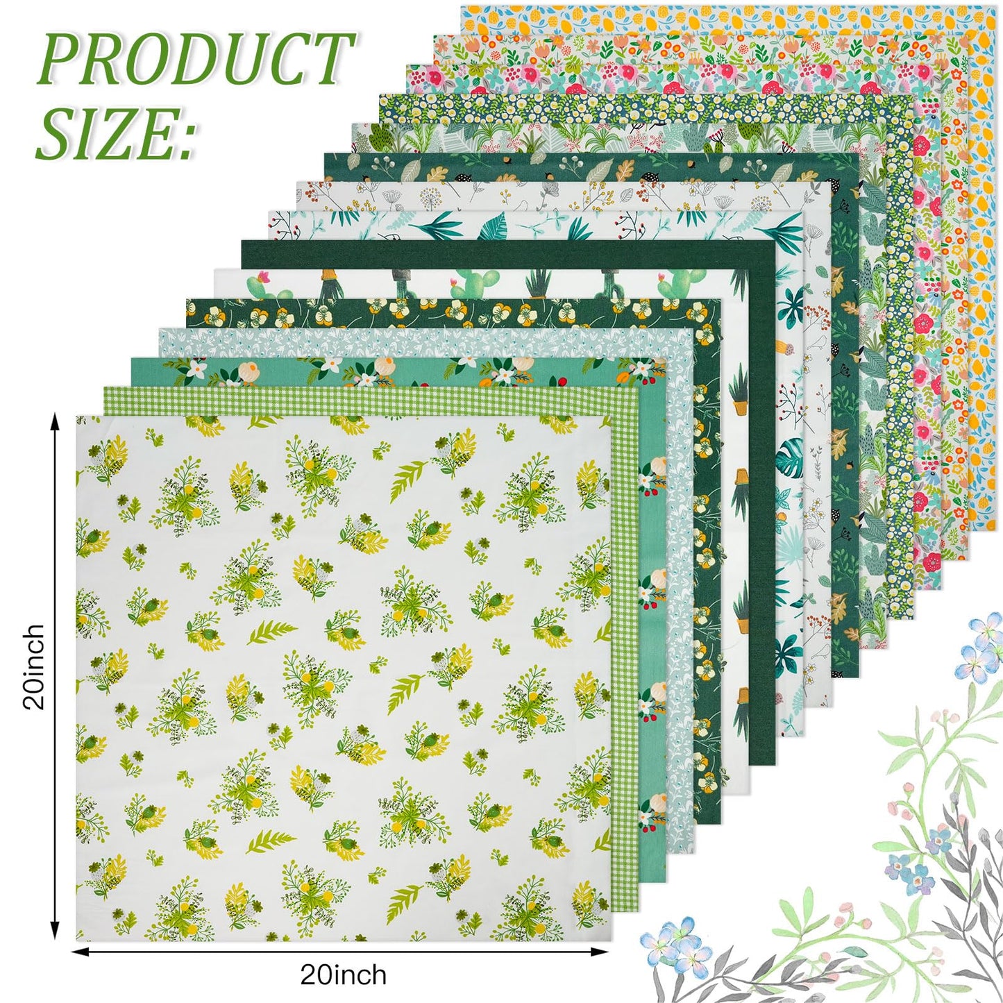 Fat Quarter Cotton Fabric Bundle 15Pcs 20x20 Inch Premium Cotton Quilting Fabric, Pre-Cut Quilt Squares for DIY Sewing, Quilting, Crafting, Patchwork & Home Decor Projects(Green)