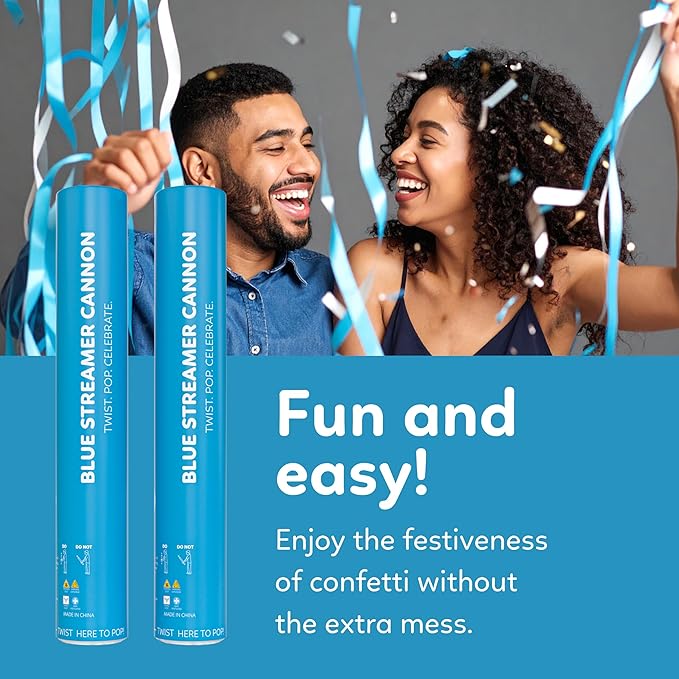 2 Pack Streamer Cannon Confetti Poppers | Biodegradable Blue Confetti | TUR Party Supplies | Launches Up to 25ft | Giant (12 in) | Party Poppers for Graduation, Birthdays, Weddings, and Memorial Day