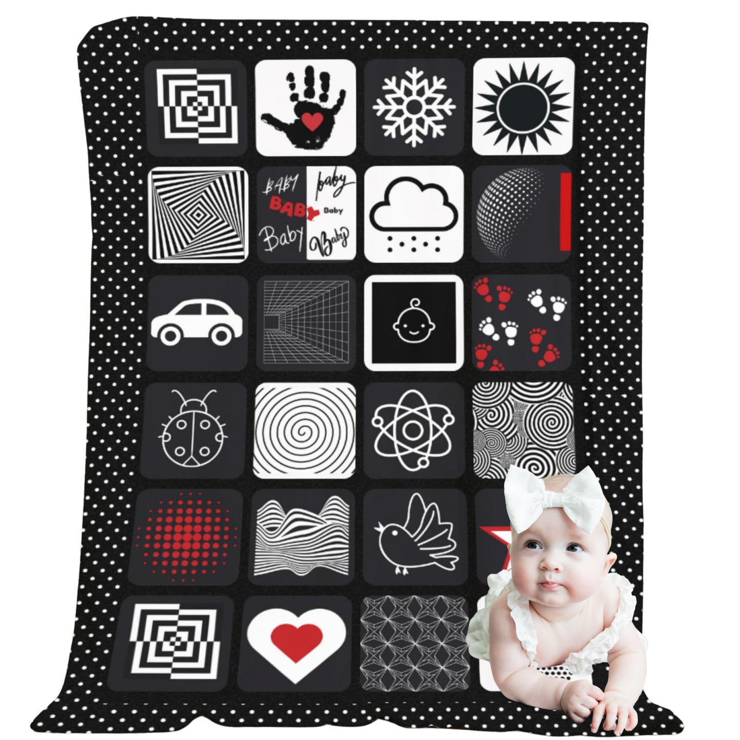 Baby Tummy Time Mat – High Contrast Black White Red Sensory Play Blanket for Newborn Visual Development, Infant Floor Play Area with Sherpa Backing, 50” x 60”