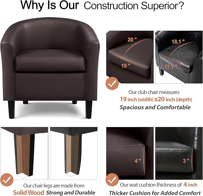 Yaheetech Leather Club Chair, Faux Leather Accent Chair, Modern Living Room Armchair with Wood Legs and Padded Seat for Bedroom Reception Room, Espresso