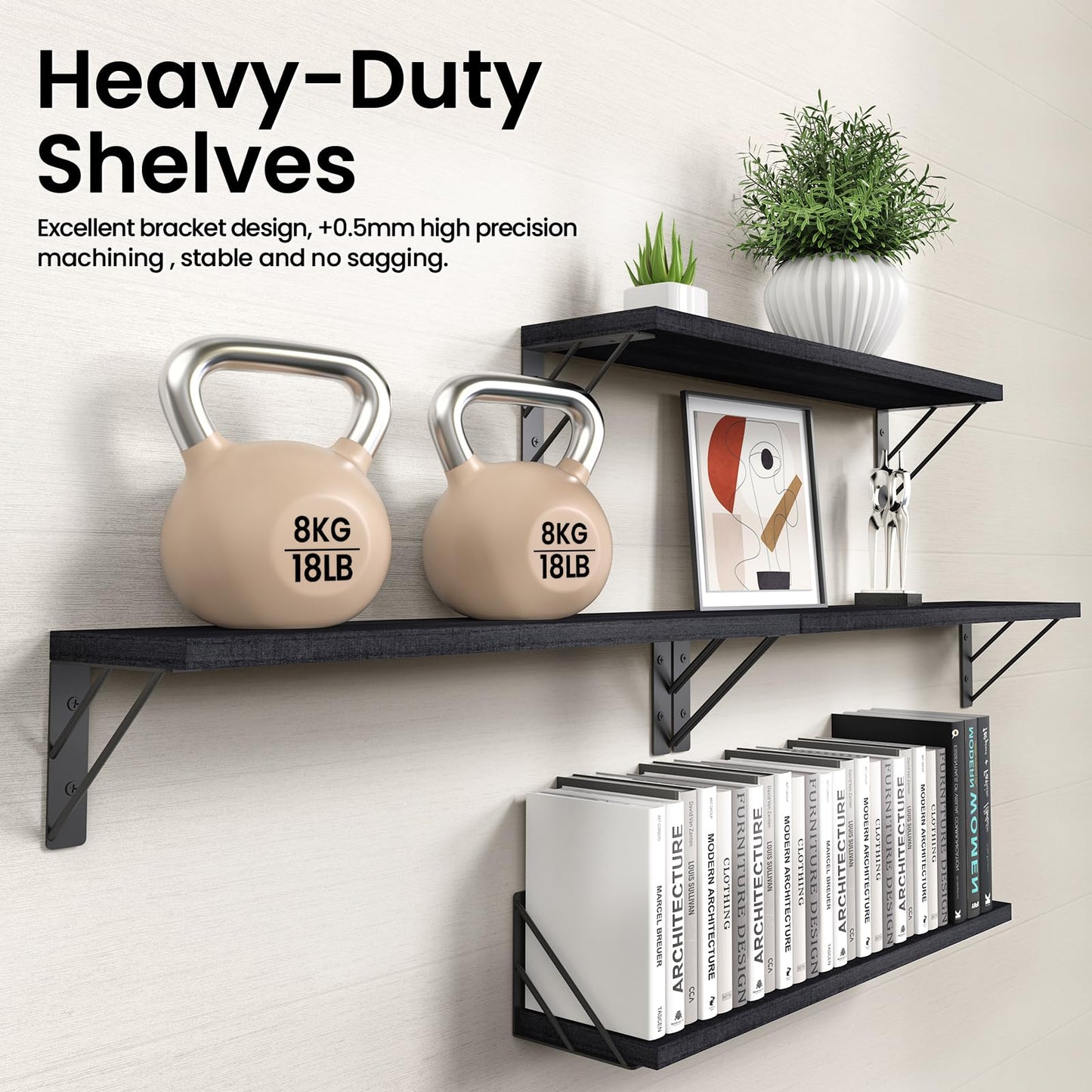 BAYKA Wall Mounted Floating Shelves, Wood Floating Wall Shelf for Books & Decor, Small Space-Saving Display & Organizer（Black，23in，Set of 4）