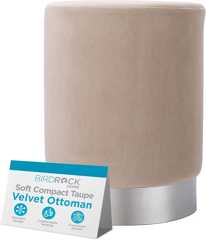 BIRDROCK HOME Round Ottoman Foot Stool – Soft Padded Modern Stool Design – Ideal for Living Room, Bedroom – Compact Footrest, Vanity Chair, Small Furniture – Foam Seating, Decorative Accent (Taupe)