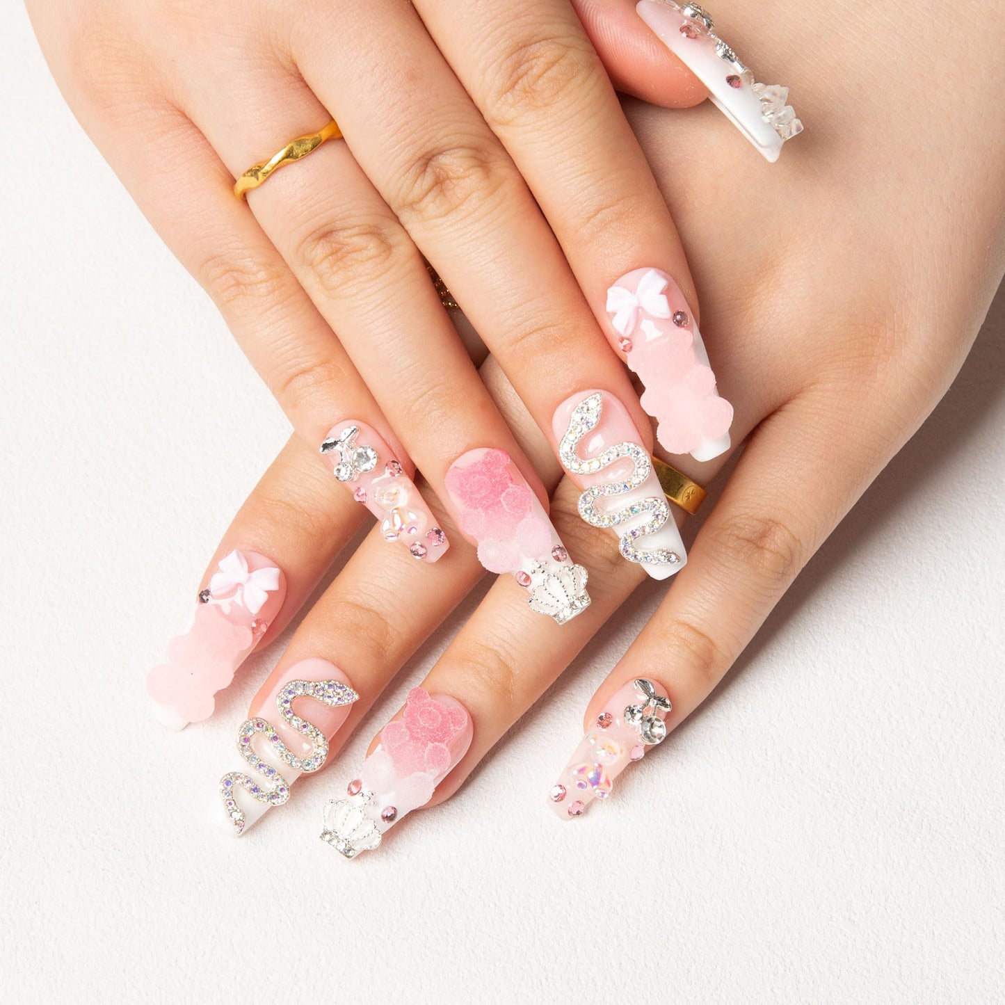 LOVFUL Press on Nails Marshmallo Gummy Bear Square | Handmade with Full Covered Crystals | Reusable Fake Nails | Coffin Classic Regular 1.3 in | H26-M