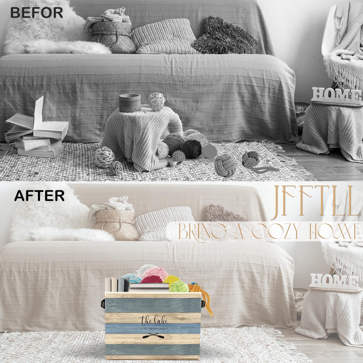JFFTLL Lake House Storage Bins with Handles, Gifts for Lakes Lovers, the Lake Is My Happy Place Collapsible Laundry Basket Storage Box for Home Bedroom Bathroom Clothes Toys Books