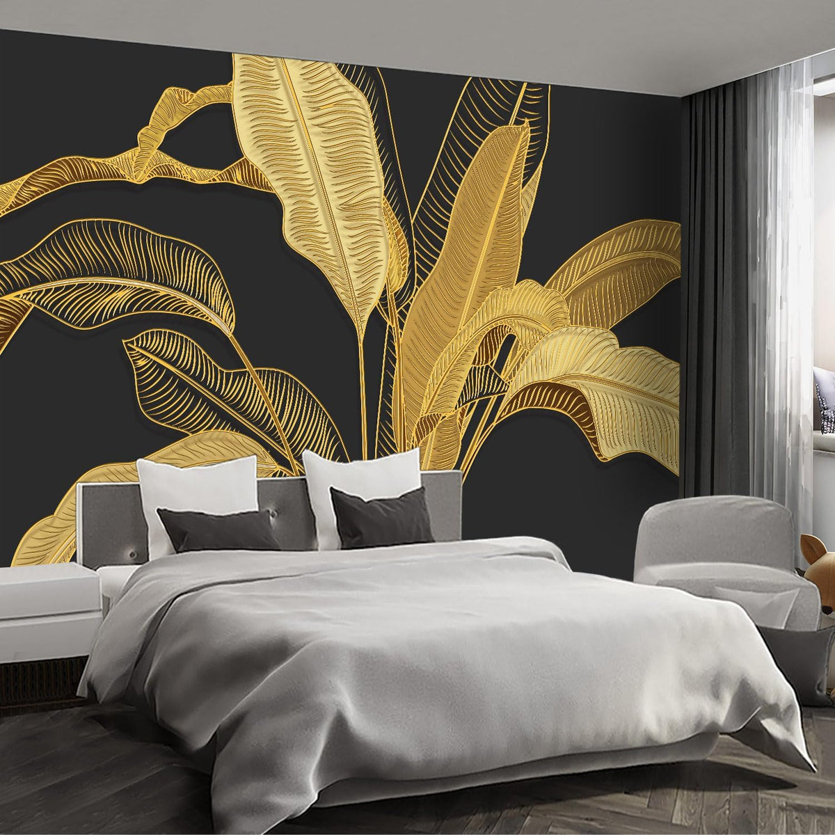 Gold Banana Leaf Wall murals Peel and Stick Wallpaper for Bedroom Living Room - 96"x137"