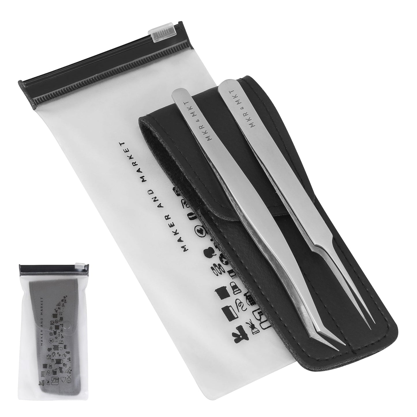 Small Precision Tweezers 4.5 Inch Set of 2 Kit - Mini Angled and Fine Needlepoint Tips with Pouch Sleeve for Embroidery, Jewelery, Beading, Thread, Knitting, Sewing, Arts & Craft (Satin)