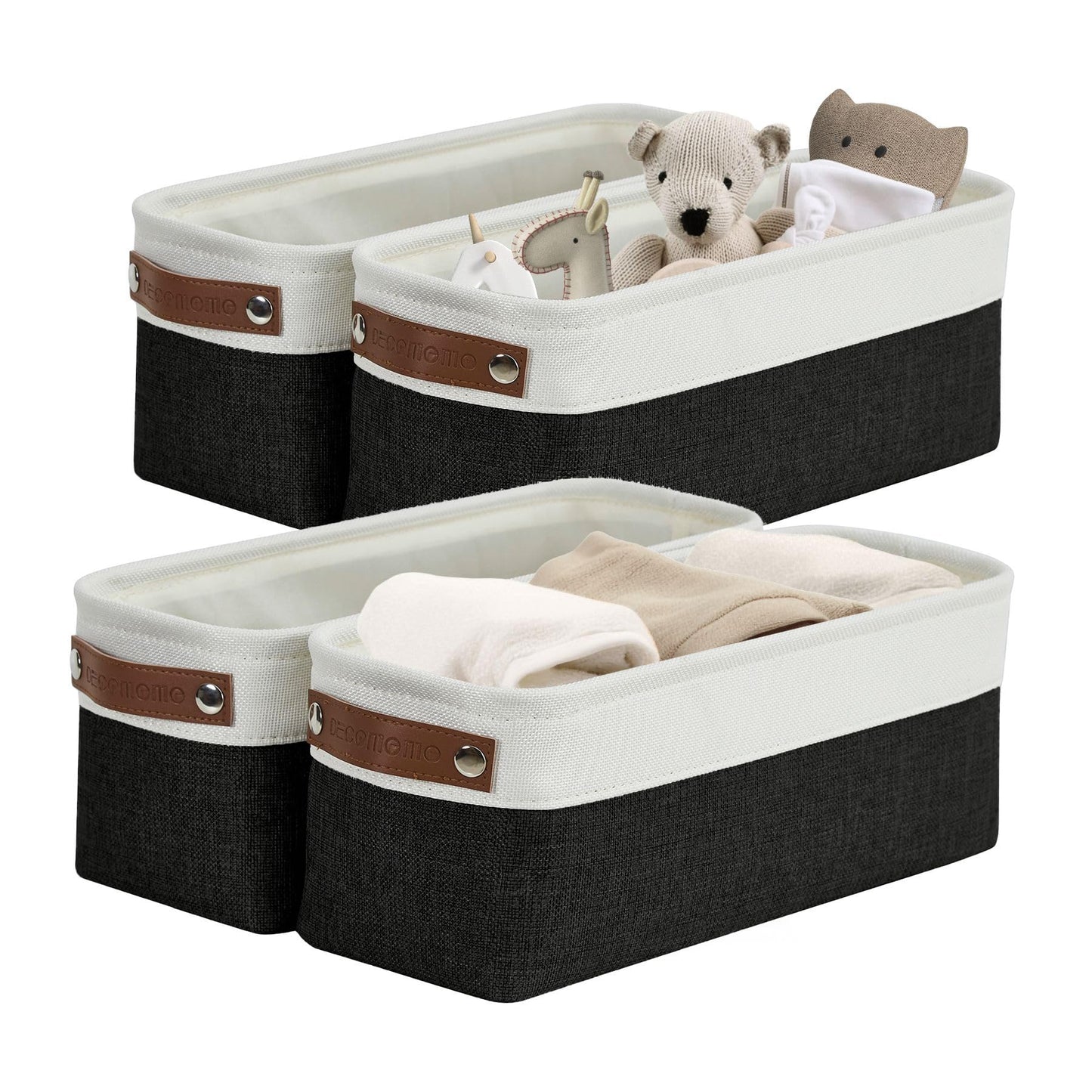 DECOMOMO Narrow Storage Bins Small Baskets for Organizing Bathroom, Toilet Tank, Towel Storage, Entryway, Gifts (Black and White - Set of 4)