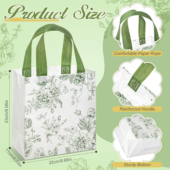 HunnmingRe 30 Pcs Sage Green Floral Gift Bags Floral Gifts Bag with Handles Bulk Wedding Bridal Shower Party Favor Non Woven Reusable Tote for Women Baby Shower Birthday Tea Fall Party Supplies