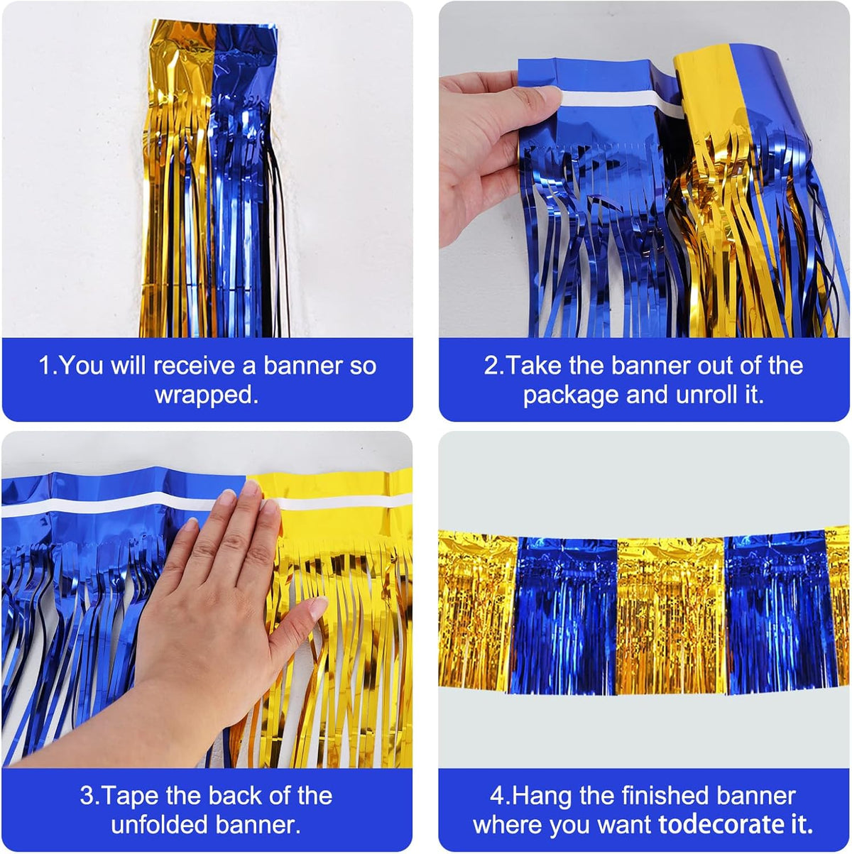 BEISHIDA 3 Packs Metallic Foil Fringe Garland Blue Gold Wall Hanging Tinsel Fringe Banners for Car Floats Bridal Shower Wedding Birthday Easter Graduation Holiday Party Decoration(30 Feet)